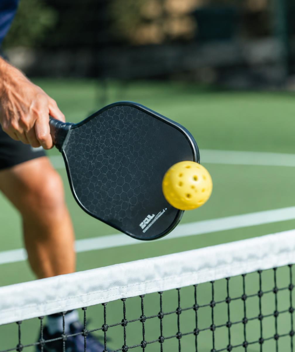 A pickleball paddle meeting the ball just above the net